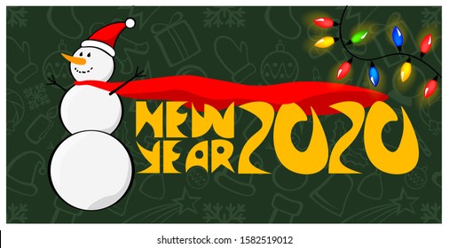 Big casual white snowman in santa claus hat and red superhero cloak. The inscription New Year 2020. A garland of colored light bulbs. Winter holidays. Symbols of Christmas holidays. 
