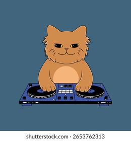 grande gato gordinho dj conjunto cor doodle vetor ilustração