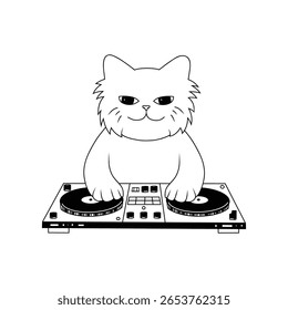 grande gato gordinho dj conjunto lineart doodle vetor ilustração