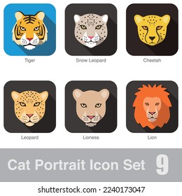 Big cat face tiger, cheetah, lion, leopard cartoon flat icon
