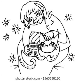 A big cat lies on the lap of his elderly mistress. She gives it hot milk from her cup. They are very happy.

