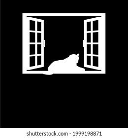 Big Cat on the Windows Silhouette Illustration. Vector Illustration