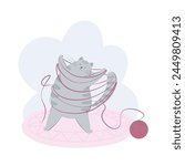 Big cat plays with a ball of yarn. Cat behavior, body language and face expressions. Flat vector illustration of a pet