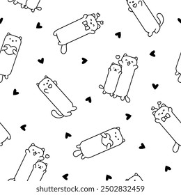 Big cat plush pillow. Seamless pattern. Coloring Page. Long cute toy and characters. Hand drawn style. Vector drawing. Design ornaments.