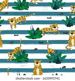 Big cat prawling in the jungle kids picture. Cute flat hand drawn tiger character  Endless texture. Seamless pattern. 