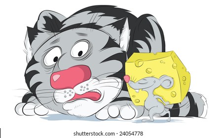 big cat scared looks at a mousy