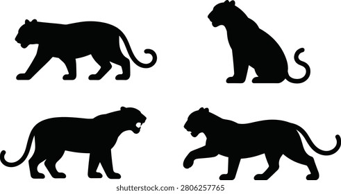 Big cat silhouettes showing panther and tiger poses, walking, sitting, and roaring, representing wildlife illustration, animal posture, and predator behavior concept design