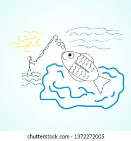 Big catch. Catch your text. Vector illustration with a man who catches a huge fortune, fish, uniqueness and more