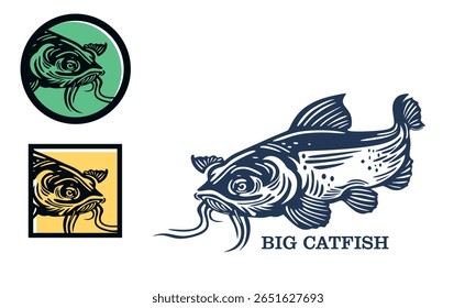 grande logotipo do bagre em círculo e retângulo, silhueta de grandes ilustrações do vetor do bagre