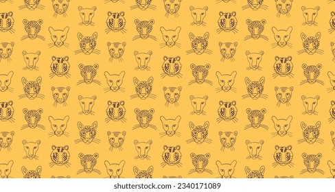 Big cats faces seamless pattern black on yellow background. Hand drawn vector illustration. Line drawing style design. Lion, tiger, leopard, jaguar, cougar, cheetah. Animal print, packaging, paper