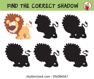 Big cats. Lion. Find the correct shadow. Educational game for children. Cartoon vector illustration.