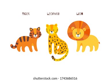 Big cats trio. Leopard, tiger and lion in one vector illustration. Portrait of big cats family