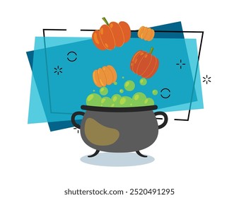 Big cauldron with boiling green potion vector illustration with pumpkins on background. Halloween celebration, magic, holiday concept. Can be used for banner or invitation design