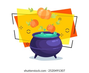 Big cauldron with boiling green potion vector illustration. Pumpkins on background. Halloween banner design. Celebration, magic, holiday concept. Can be used for poster or invitation