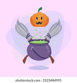 Big cauldron with boiling potion, witch broom and pumpkin lantern on abstract background. Halloween banner design. Celebration, holiday, party concept. Vector illustration for invitation or poster