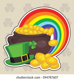 Big cauldron full of golden coins with rainbow, hat and clover