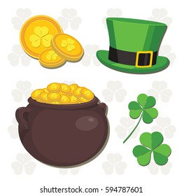 Big cauldron, golden coins, hat and clover