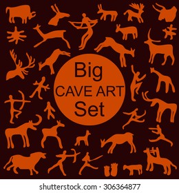 Big Cave Art set. Stylized images of people and animals. Backgrounds & textures shop.