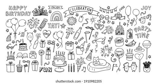 Big celebration clipart set. Party time doodle clipart with fireworks, party hat, birthday cake, holiday gift box. Hand drawn icons