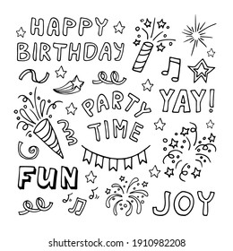 Big Celebration Clipart Set. Party Time Doodle Clipart With Quotes And Fireworks. Hand Drawn Icons