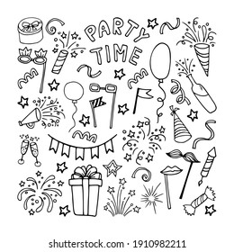 Big celebration clipart set. Party time doodle clipart with fireworks, party hat, birthday cake, holiday gift box. Hand drawn icons