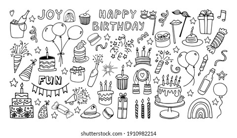 Big celebration clipart set. Party time doodle clipart with fireworks, party hat, birthday cake, holiday gift box. Hand drawn icons