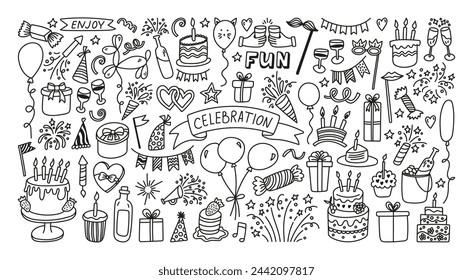 Big celebration doodle collection. Hand drawn party time clipart for birthday or holiday