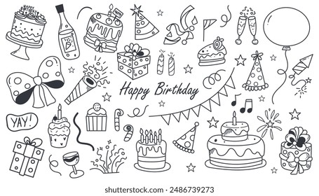 Big celebration doodle collection. Hand drawn party time clipart for birthday or holiday