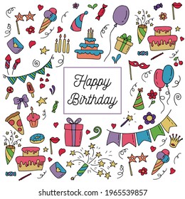 Gran celebración. Clíparte de doodle para fiestas con fuegos artificiales, sombrero de fiesta, torta de cumpleaños, caja de regalos para fiestas. Iconos dibujados a mano. 
	