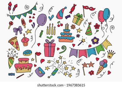 Big celebration set. Party time doodle clipart with fireworks, party hat, birthday cake, holiday gift box. Hand drawn icons.	