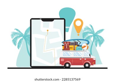 Big cellphone with a map and destination and nature on the background. Minivan next to it. Travel concept illustration.