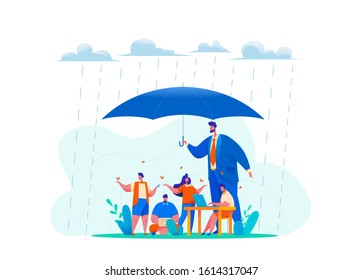 Big CEO Boss Hold Huge Umbrella In Rain. Metaphor Of Office People Under Protection Of Leader. Concept Of Safety At Work, Caring, Relaxed Atmosphere, Benefits For Staff. Flat Vector Illustration