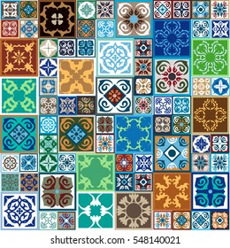 Big ceramic glazed set. Colorful vintage tiles with floral and geometrical patterns. Spanish, Italian, Portuguese, Turkish motifs. Gradation of terracotta, green and blue shadows.