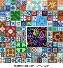 Big ceramic glazed set. Colorful vintage tiles with abstract geometrical patterns. Spanish, Italian, Portuguese, Turkish motifs. Gradation of terracotta, green and blue shadows.