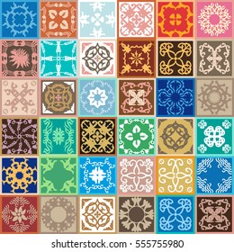 Big ceramic glazed set. Colorful vintage tiles with floral and geometrical patterns. Spanish, Italian, Portuguese, Turkish motifs. Gradation of brown, green and blue shadows.