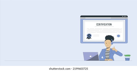 A big certificate or diploma and computer to a happy woman. Online education and graduation. Web courses. E-learning and distant education. Vector.
