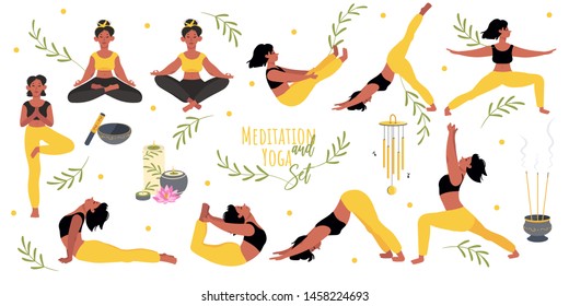 Big character set practicing yoga asanas and meditation. A young girl leads a healthy lifestyle. Incense, Tibetan singing bowl, candles. Bright vector illustration in cartoon style.