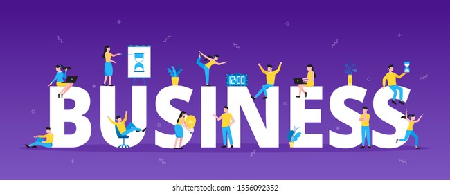 Big characters with word business and tiny people working together. Abstract gradient and simple shapes behind flat stile design vector illustration isolated on dark gradient background