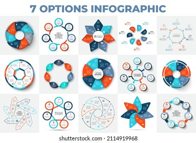 Big chart set with 7 options, steps or parts. Circles, arrows, heptagons and line infographics for presentations, advertisements or websites.