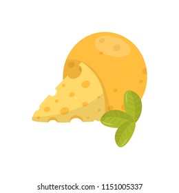 Big cheese ball with triangle slice and green leaves. Food icon. Flat vector element for promo poster or banner