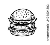 big cheese burger line art style sketch classic vintage design illustration