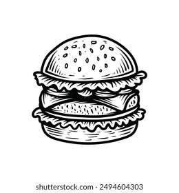 big cheese burger line art style sketch classic vintage design illustration