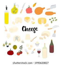 Big cheese set with wine, olive oil, olives, tomatoes, boards, knives. Dorblu, Camembert, Emmental, Parmesan, Ricotta, Brie. Pretty flat hand-drawn illustrations. Vector isolated on white background.