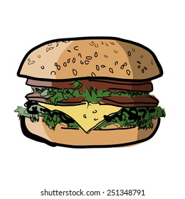 The big cheeseburger. High-calorie meal. Sandwich from fastfood. A sandwich with a stuffing. A burger with meat, with cheese and vegetables. Color image.