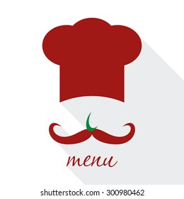 Big chef hat with mustache. Foods Service icon. Menu card with long shadow. Simple flat vector illustration, EPS 10.