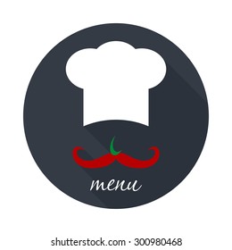 Big chef hat with mustache. Foods Service round icon. Menu card with long shadow. Simple flat vector illustration, EPS 10.
