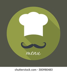 Big chef hat with mustache. Foods Service round icon. Menu card with long shadow. Simple flat vector illustration, EPS 10.