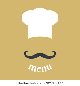 Big chef hat with mustache. Foods Service icon. Menu card. Simple flat vector illustration, EPS 10.