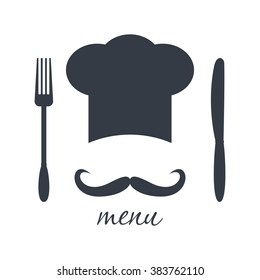 Big chef hat with mustache. Foods Service icon. Menu card. Simple flat vector illustration, EPS 10.