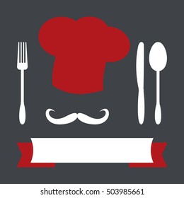 Big chef hat with mustache. Foods Service icon. Menu card with space for text. Simple flat vector illustration, EPS 10.
